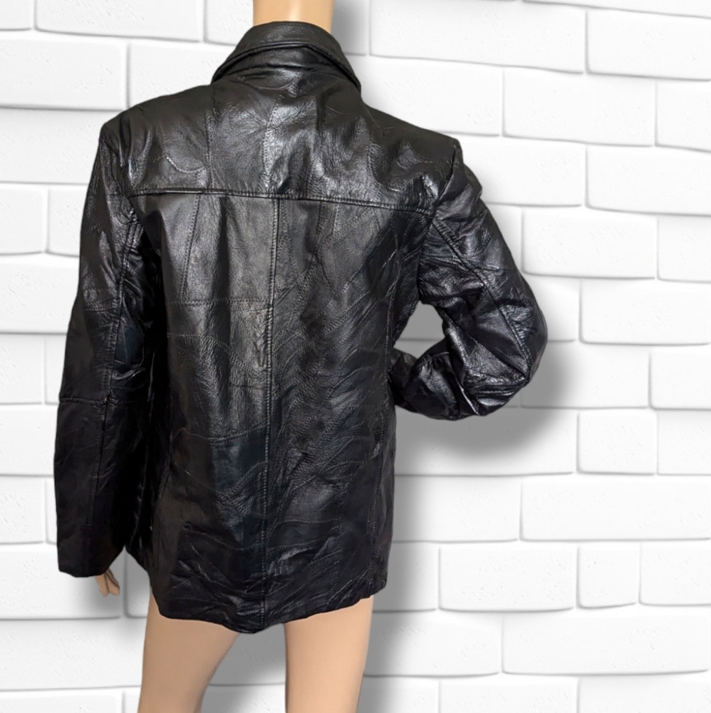 Vintage Patchwork Leather Jacket Black Boho Hippi… - image 5